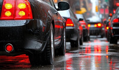 Rainy City Traffic with Red Brake Lights Reflected on Wet Street Surface in Urban Environment Captured in Close-Up View