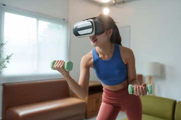 Fit athletic woman wearing vr goggles engages in a dynamic workout with dumbbells in her living room, fully immersed in a cutting-edge virtual fitness experience