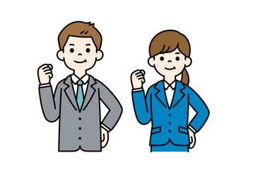元気にガッツポーズをする、男女の会社員のシンプルなベクターイラスト素材＿カラー