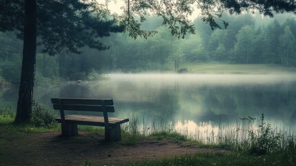 Obraz premium Misty lake morning bench tranquility nature peace