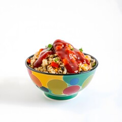 Colorful Fried Rice Bowl with Ketchup Drizzle