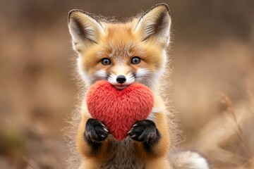 Fototapeta premium Fox - my treasured animal. Digital ads animal visual idea. Cute fox baby with fluffy red heart on in a natural habitat. Love and harmony in wildlife. Affectionate wildlife scene. Wild love.