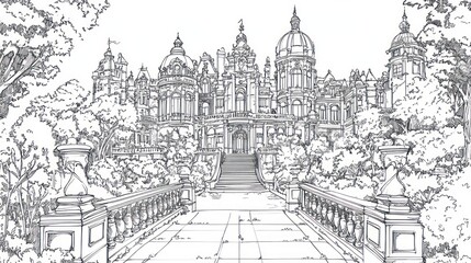 Fototapeta premium Detailed sketch of a grand castle, with a bridge and garden. Possible use Architectural design reference, education or art