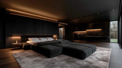 Dark, modern bedroom with luxurious details