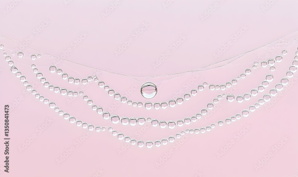 Poster dewdrops adorn a spiderweb, creating a delicate, symmetrical pattern against a soft pink background.