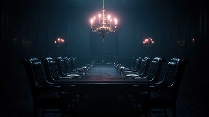 Elegant dark dining room with long table illuminated by chandelier and candles in mysterious ambiance