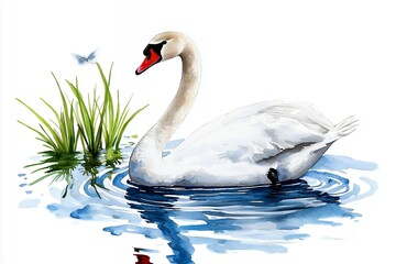 Fototapeta premium Graceful White Swan in Calm Blue Water Watercolor Painting