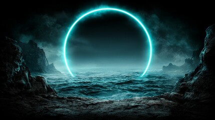 Mysterious Ocean Night Scene with Glowing Neon Circle Dramatic Coastal Landscape