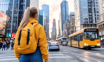 Obraz premium Young woman with blonde hair in a yellow sweater and backpack standing on a busy street in a vibrant city during sunset surrounded by modern buildings and vehicles