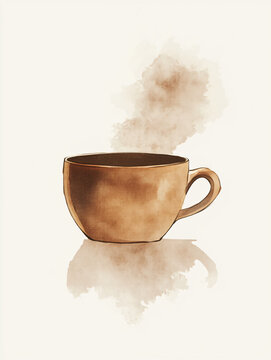 Clipart illustration steaming coffee cup gentle watercolor art brown ceramic mug vapor rising morning drink calm beverage warm liquid peaceful minimal background warm tone cozy morning aesthetic java