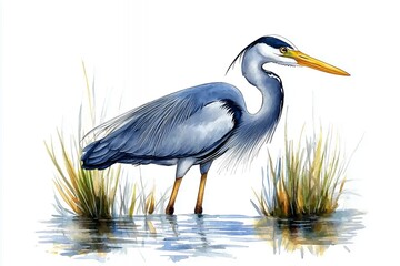 Fototapeta premium Grey Heron in Reeds Watercolor Painting