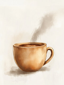 Clipart illustration steaming coffee cup gentle watercolor art brown ceramic mug vapor rising morning drink calm beverage warm liquid peaceful minimal background warm tone cozy morning aesthetic java
