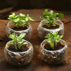Four Young Seedlings in Clear Plastic Pots, Gardening