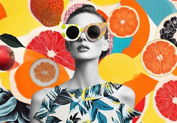 Summer Vacation Retro Collage of Modern Woman with Fruits, Vibrant Pop Art and Fashion Style 
