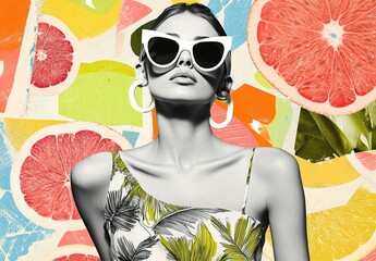 Summer Vacation Retro Collage of Modern Woman with Fruits, Vibrant Pop Art and Fashion Style 