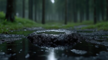 Fototapeta premium Wet stone with a small puddle of water sits on a muddy path in a misty forest during an overcast day.