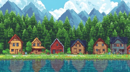 Naklejka premium Mountain Village Lakeside Scene.