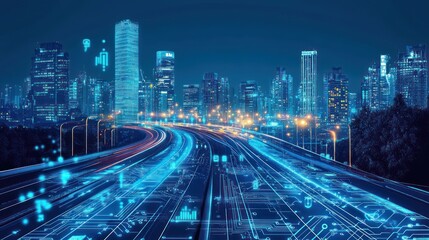 Fototapeta premium Futuristic city highway at night, digital data overlay, urban landscape, stock photo