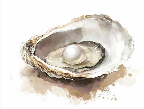Hand drawn oyster shell clipart illustration open shell with pearl watercolor seafood element marine mollusk realistic detail natural treasure isolated white background shiny jewel soft glow sea round