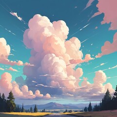 Dreamy Summer Landscape with Fluffy Clouds and Country Road