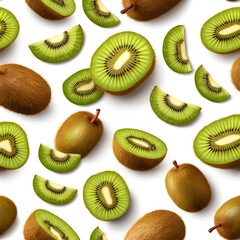 Fototapeta premium Fresh Kiwifruit Slices and Whole Fruit Seamless Pattern