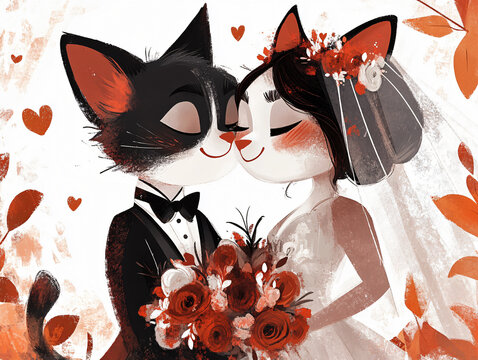 Adorable cartoon wedding cat couple cute illustration bride groom bouquet hearts animal romantic marriage character drawing sweet feline art happy relationship charming background pet joy fun veil