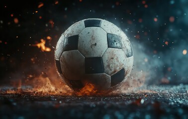 Fototapeta premium Muddy soccer ball, fiery action, dark background, sports poster