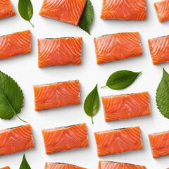 Fresh Salmon Fillet Pattern with Green Leaves