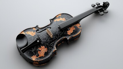 Elegant black violin with intricate floral designs and gold embellishments on a smooth surface
