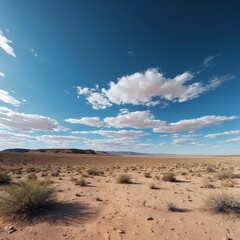 Desert Landscape Under Blue Sky with Fluffy Clouds