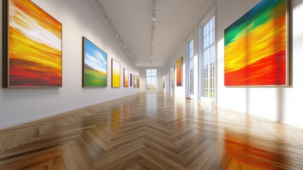 Fototapeta premium Colorful Artworks Displayed in Modern Gallery Space