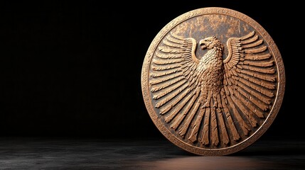 A Bronze Eagle Emblem with Intricate Details Set Against a Dark Background for Artistic Use and Design