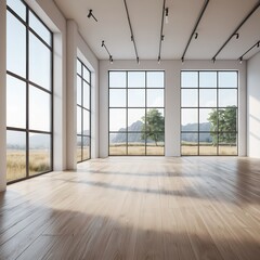 Empty Modern Room with Large Windows and Panoramic View