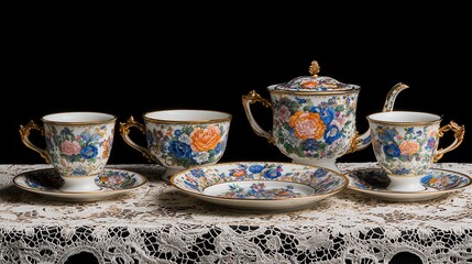 Elegant Vintage Tea Set with Floral Design on Lace Tablecloth Against Dark Background