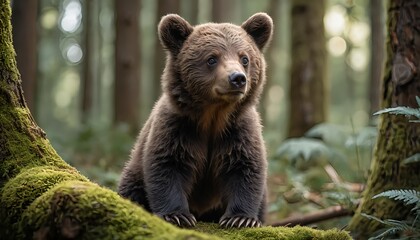 Obraz premium Adorable Brown Bear Cub in Forest
