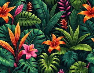 Lush Tropical Paradise Exotic Flowers and Leaves