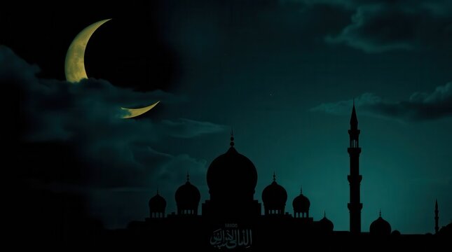  "Eid Mubarak & Ramadan Kareem &ndash; Crescent Moon, Mosque, Islamic Festival Background"
