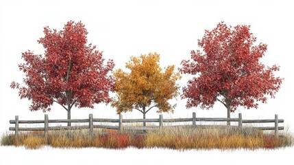 Fototapeta premium Rustic Autumn Trees with Wooden Fence on White Background