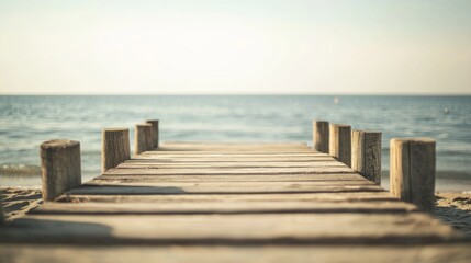Fototapeta premium Wooden pier extending into calm waters, bathed in natural light, evoking tranquility and timeless serenity. 