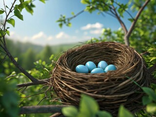 Obraz premium benefits of nature's hidden gems a nest of blue eggs forest photography sunny environment close-up concept