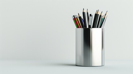 A modern metal desk organizer holding pens, pencils, and highlighters, placed on a pristine white surface.