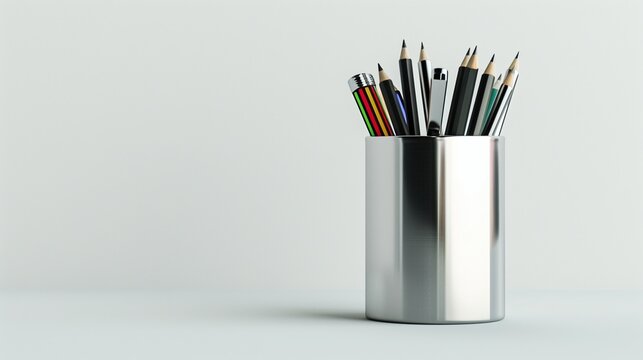 A modern metal desk organizer holding pens, pencils, and highlighters, placed on a pristine white surface.