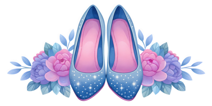 Unique pink and soft blue watercolor wedding shoe icon set elegant floral design romantic atmosphere