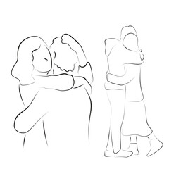 couple lover hugging each other illustration vector hand drawn with black lines isolated on white background