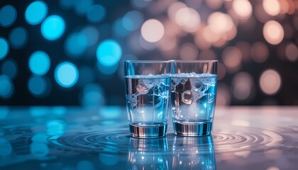 Two Shot Glasses of Water on a Bar, Close up of two shot glasses filled with water on a bar top with bokeh background.