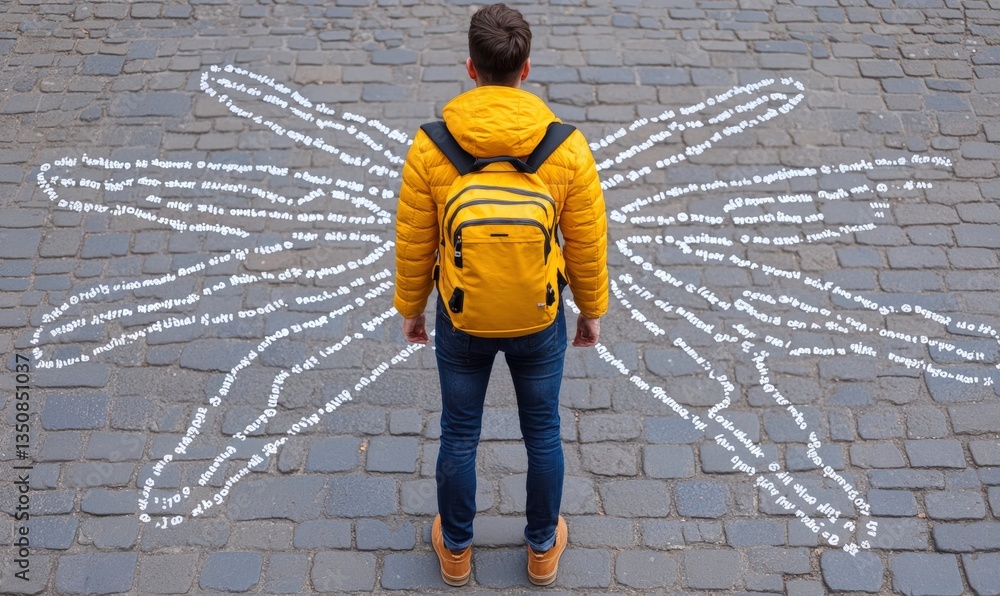 Fototapete young man in bright yellow jacket standing on cobblestone street with artistic white text spread aro