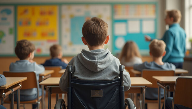 Schoolboy in Wheelchair at Classroom Desk, Student Learning, Education, Inclusive Learning. - Powered by Adobe