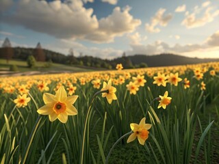 implications of springtime renewal afield of daffodils swaying in the breeze nature scenic landscape rural charm