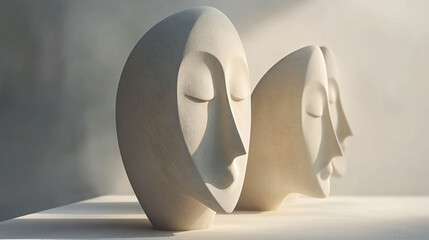 Two elegant white sculptures beautifully arranged on a table illuminated by bright light emphasizing abstract artistic styles.