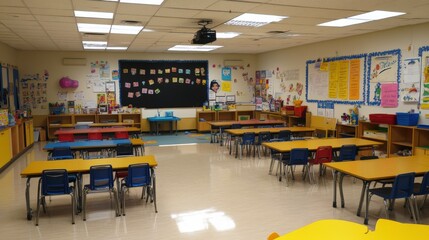 Bright and Spacious Classroom with Desks and Chalkboard